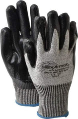HexArmor - Size M (8), ANSI Cut Lvl A8, Puncture Lvl 5, Nitrile Coated Cut & Puncture Resistant Gloves - Palm & Fingers Coated, SuperFabric/HPPE Lining, Knit Wrist, Gray/Black, Paired - Americas Industrial Supply