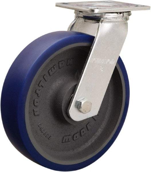 Hamilton - 8" Diam x 2" Wide x 9-1/2" OAH Top Plate Mount Swivel Caster - Polyurethane Mold onto Cast Iron Center, 900 Lb Capacity, Sealed Precision Ball Bearing, 4 x 4-1/2" Plate - Americas Industrial Supply