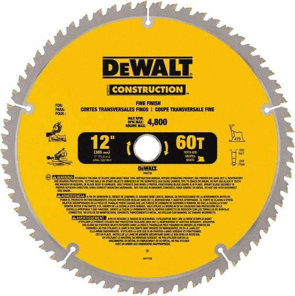 DeWALT - 12" Diam, 1" Arbor Hole Diam, 60 Tooth Wet & Dry Cut Saw Blade - Carbide-Tipped, Fine Finishing Action, Standard Round Arbor - Americas Industrial Supply