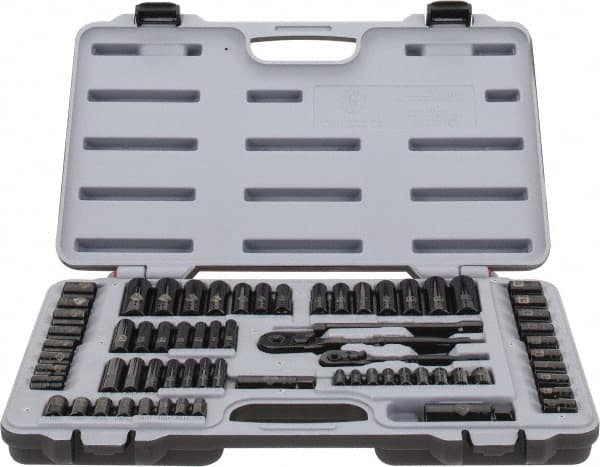 Stanley - 69 Piece 1/4 & 3/8" Drive Standard Deep Socket Set - 6 Points, 3/16 to 3/4", 7 to 19mm, Inch/Metric Measurement Standard - Americas Industrial Supply