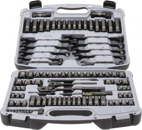 Stanley - 99 Piece 1/4 & 3/8" Drive Standard Deep Socket Set - 6 Points, 1/4 to 7/8", 4 to 19mm, Inch/Metric Measurement Standard - Americas Industrial Supply