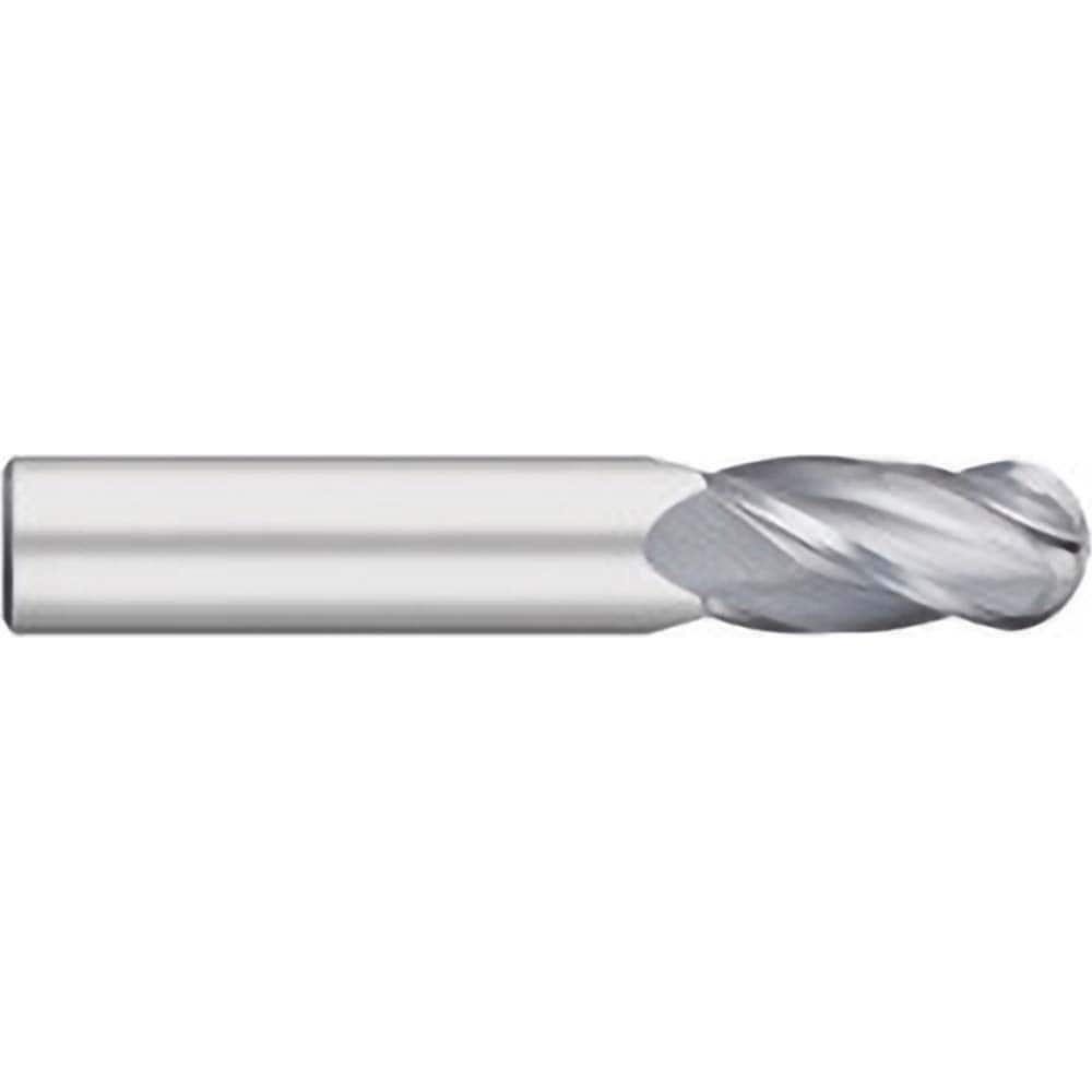 Ball End Mill: 0.125″ Dia, 0.5″ LOC, 4 Flute, Solid Carbide 1-1/2″ OAL, 1/8″ Shank Dia, 30 ° Helix, Uncoated, Single End