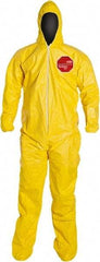 Dupont - Size L PE Film Chemical Resistant Coveralls - Yellow, Zipper Closure, Elastic Cuffs, Open Ankles, Serged Seams - Americas Industrial Supply