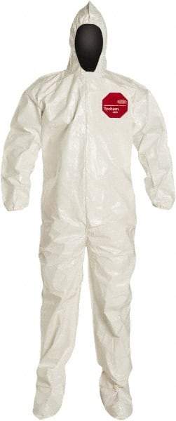 Dupont - Size L Saranex Chemical Resistant Coveralls - White, Zipper Closure, Elastic Cuffs, Open Ankles, Bound Seams - Americas Industrial Supply