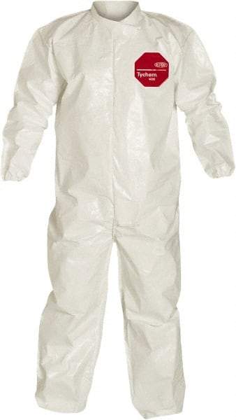 Dupont - Size L Saranex Chemical Resistant Coveralls - White, Zipper Closure, Elastic Cuffs, Elastic Ankles, Bound Seams - Americas Industrial Supply