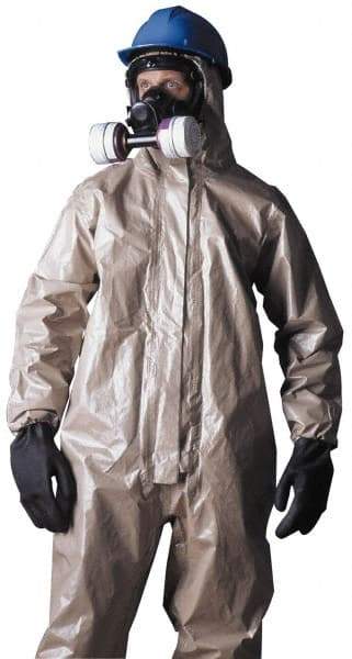 Dupont - Size XL Hazmat Chemical Resistant Coveralls - Tan, Zipper Closure, Elastic Cuffs, Open Ankles, Taped Seams - Americas Industrial Supply