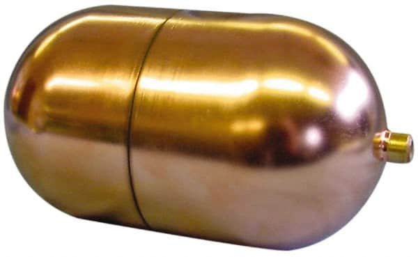 Made in USA - 4" Diam x 7" Long, Oblong, Tubed Through Connection, Metal Float - 1/4" Rod Thread, Copper, 25 Max psi, 23 Gauge - Americas Industrial Supply