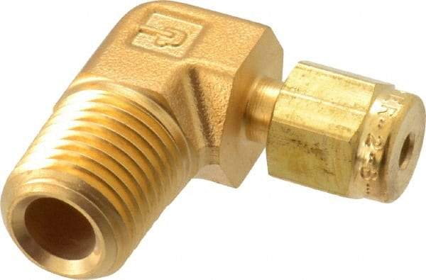 Parker - 1/8" OD, Brass Male Elbow - 3,600 Max Working psi, 9/16" Hex, Comp x MNPT Ends - Americas Industrial Supply