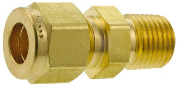 Parker - 1/8" OD, Brass Male Connector - 3,600 Max Working psi, 7/16" Hex, Comp x MNPT Ends - Americas Industrial Supply