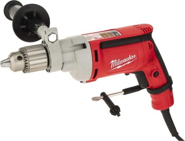 Milwaukee Tool - 1/2" Keyed Chuck, 850 RPM, Pistol Grip Handle Electric Drill - 8 Amps, 120 Volts, Non-Reversible, Includes 1/2" Magnum Drill, Chuck Key with Holder, Side Handle - Americas Industrial Supply