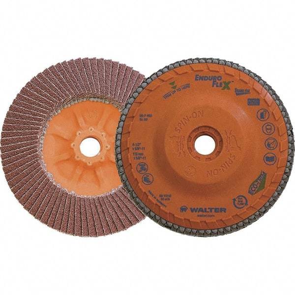 WALTER Surface Technologies - 60 Grit, 4-1/2" Disc Diam, 5/8-11 Center Hole, Zirconia Alumina Flap Disc - 13,300 Max RPM, Plastic Backing, Arbor Attaching System, Coated - Americas Industrial Supply