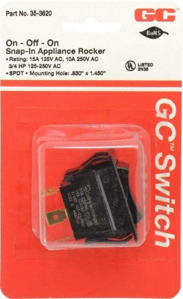 GC/Waldom - SPDT, Maintained (MA), On-Off-On Sequence, Appliance Rocket Switch - 15 Amps at 125 Volts, 10 Amps at 250 Volts, 3/4 hp at 125/250 VAC, Quick Connect, Panel Mount - Americas Industrial Supply