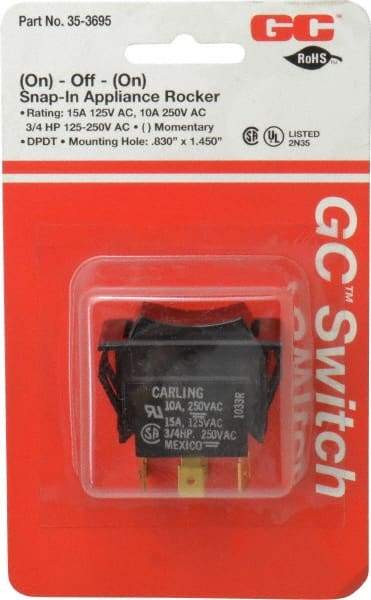 GC/Waldom - DPDT, Momentary (MO), On-Off-On Sequence, Appliance Rocket Switch - 15 Amps at 125 Volts, 10 Amps at 250 Volts, 3/4 hp at 125/250 VAC, Quick Connect, Panel Mount - Americas Industrial Supply