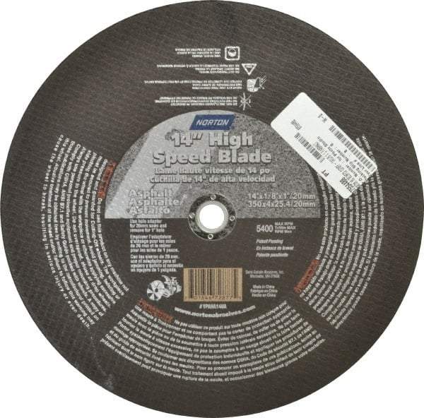 Norton - 14" 16 Grit Silicon Carbide Cutoff Wheel - 1/8" Thick, 1" Arbor, 5,400 Max RPM, Use with Portable Tools - Americas Industrial Supply