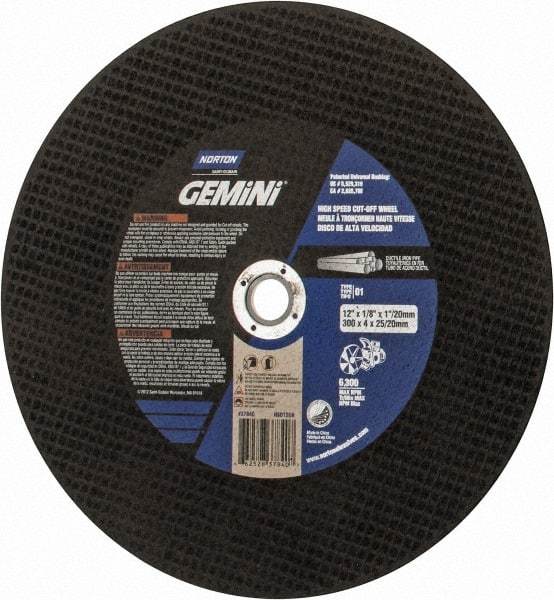 Norton - 12" 24 Grit Aluminum Oxide/Silicon Carbide Blend Cutoff Wheel - 1/8" Thick, 1" Arbor, 6,360 Max RPM, Use with Electric & Gas Powered Saws - Americas Industrial Supply