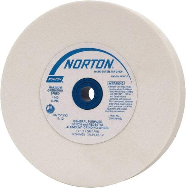 Norton - 100 Grit Aluminum Oxide Bench & Pedestal Grinding Wheel - 6" Diam x 1" Hole x 1" Thick, 4140 Max RPM, J Hardness, Fine Grade , Vitrified Bond - Americas Industrial Supply