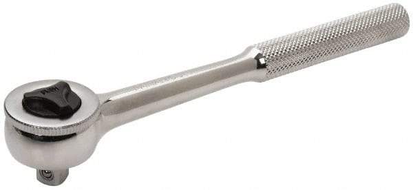 Paramount - 3/8" Drive Round Head Quick-Release Ratchet - Chrome Finish, 7-29/32" OAL, 45 Gear Teeth, Full Polished Knurled Handle, Reversible with Knurled Speed Ring Head - Americas Industrial Supply