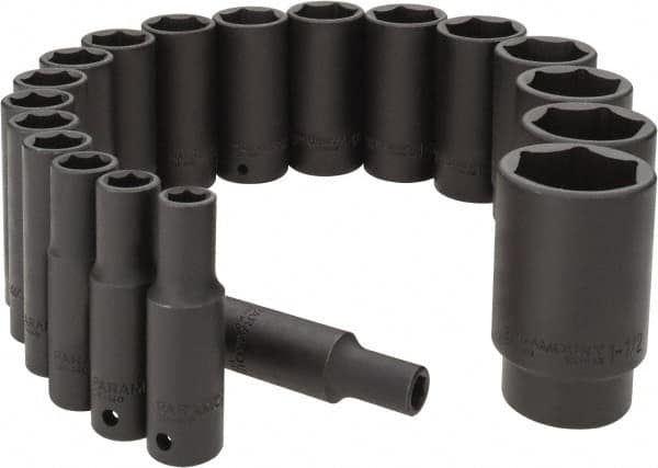 Paramount - 19 Piece 1/2" Drive Deep Well Impact Socket Set - 6 Points, 3/8" to 1-1/2" Range, Inch Measurement Standard - Americas Industrial Supply