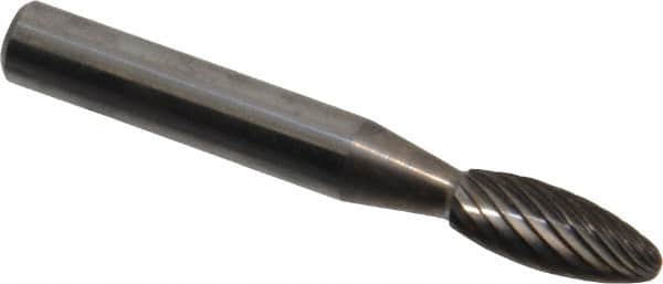 Atrax - 1/4" Cut Diam, 1/4" Shank Diam, Flame Head Single Cut Burr - Carbide, Radius End, 3/8" LOC, 2" OAL - Americas Industrial Supply