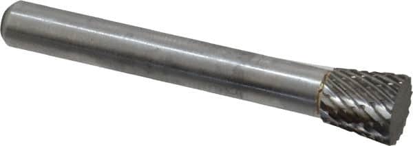 Atrax - 3/8" Cut Diam, 1/4" Shank Diam, Inverted Cone Head Double Cut Burr - Carbide, Flat End, 3/8" LOC, 2-1/4" OAL - Americas Industrial Supply