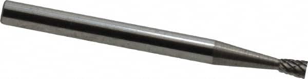 Atrax - 3/32" Cut Diam, 1/8" Shank Diam, Inverted Cone Head Double Cut Burr - Carbide, Flat End, 3/16" LOC, 1-1/2" OAL - Americas Industrial Supply