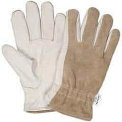 MCR Safety - Size XL (10), ANSI Cut Lvl 3, Puncture Lvl 4, Abrasion Lvl 6, Split Back/Grain Palm Cowhide Cut & Puncture Resistant Gloves - Kevlar Lining, Slip-On Cuff, Cream, Paired - Americas Industrial Supply
