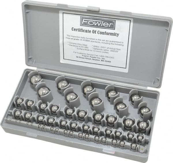 Fowler - 1/8 to 1 Inch Diameter, Chrome Steel, Gage Ball Set - 0.0001 Inch Tolerance, Grade 24 Accuracy, 63 RC Hardness, 26 Pairs - Americas Industrial Supply