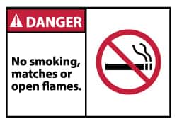 NMC - Accident Prevention Label, Header: DANGER - Legend: Danger - No Smoking, Matches or Open Flames, English, Red, Black & White, 5" Long x 3" High, Sign Muscle Finish - Americas Industrial Supply