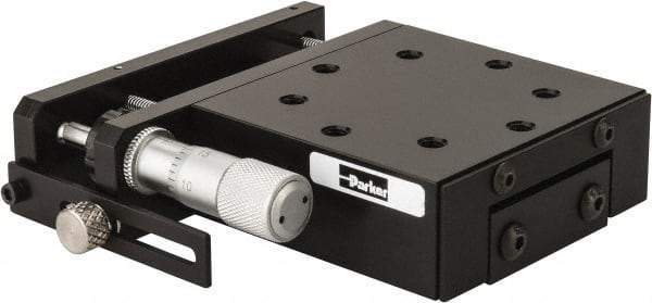 Parker - 62 Lb. Capacity, 10-32 Mount Hole, 1/2" Travel, Precision Ball Bearing Table with Side Drive - Single Axis, 8 Mounting Holes, 2.56" Long x 2.62" Wide x 1" High - Americas Industrial Supply