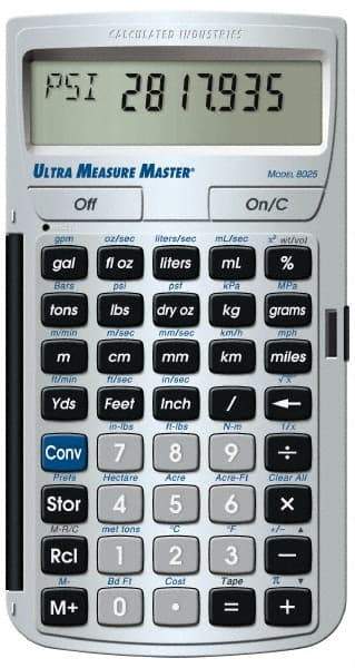 Calculated Industries - 11-Digit LCD (7 Normal & 4 Fractions) 400 Function Handheld Calculator - 0.73" x 2.56" (19.00mm x 65.0mm) Display Size, Silver, CR-2016 Powered, 7" Long x 5" Wide x 1" High - Americas Industrial Supply