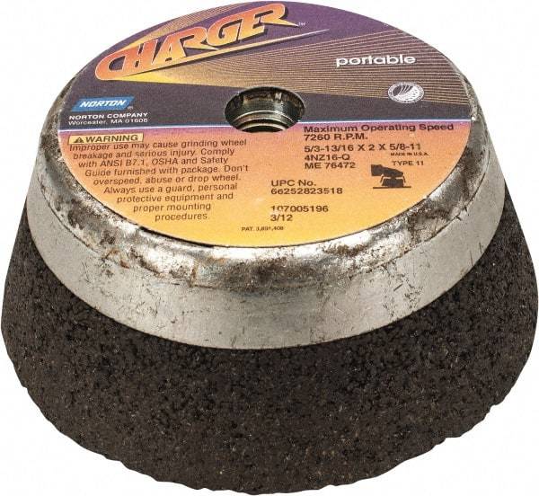 Norton - 5" Diam, 2" Overall Thickness, 16 Grit, Type 11 Tool & Cutter Grinding Wheel - Very Coarse Grade, Zirconia Alumina, Q Hardness, 7,260 RPM - Americas Industrial Supply