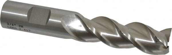 Cleveland - 3/4", 2-1/4" LOC, 3/4" Shank Diam, 4-1/2" OAL, 3 Flute, Powdered Metal Square End Mill - Single End, Uncoated, Spiral Flute, 42° Helix, Centercutting, Right Hand Cut, Right Hand Flute, Series PM-539R - Americas Industrial Supply