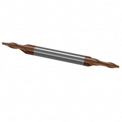 Accupro - 1/16", 1/8" LOC, 1/8" Shank Diam, 1-1/2" OAL, 2 Flute, Solid Carbide Square End Mill - Double End, TiCN Finish, Spiral Flute, 30° Helix, Centercutting, Right Hand Cut, Right Hand Flute - Americas Industrial Supply