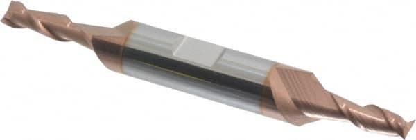 Accupro - 3/16", 1/2" LOC, 3/8" Shank Diam, 3" OAL, 2 Flute, Solid Carbide Square End Mill - Double End, TiCN Finish, Spiral Flute, 40° Helix, Centercutting, Right Hand Cut, Right Hand Flute - Americas Industrial Supply