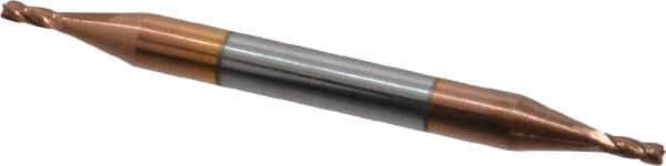 Accupro - 3/64", 3/32" LOC, 1/8" Shank Diam, 1-1/2" OAL, 4 Flute, Solid Carbide Square End Mill - Double End, TiCN Finish, Spiral Flute, 30° Helix, Centercutting, Right Hand Cut, Right Hand Flute - Americas Industrial Supply