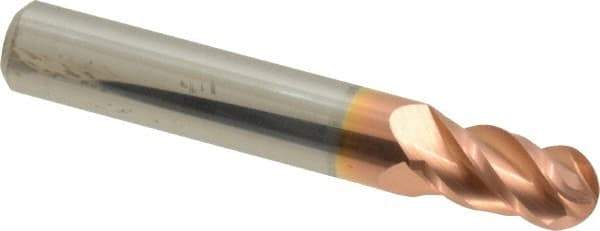 Accupro - 9/32" Diam, 1/2" LOC, 4 Flute Solid Carbide Ball End Mill - TiCN Finish, Single End, 2" OAL, 5/16" Shank Diam, Spiral Flute - Americas Industrial Supply