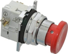 Eaton Cutler-Hammer - 30-1/2mm Mount Hole, Extended Mushroom Head, Pushbutton Switch with Contact Block - Round, Red Pushbutton, Nonilluminated, Momentary (MO), Corrosion Resistant, Oiltight and Watertight - Americas Industrial Supply
