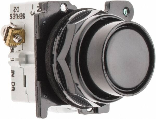 Eaton Cutler-Hammer - 30-1/2mm Mount Hole, Flush, Pushbutton Switch with Contact Block - Round, Black Pushbutton, Nonilluminated, Momentary (MO), Corrosion Resistant, Oiltight and Watertight - Americas Industrial Supply