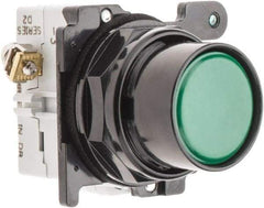 Eaton Cutler-Hammer - 30-1/2mm Mount Hole, Flush, Pushbutton Switch with Contact Block - Round, Green Pushbutton, Nonilluminated, Momentary (MO), Corrosion Resistant, Oiltight and Watertight - Americas Industrial Supply