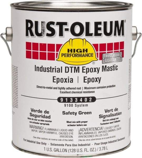 Rust-Oleum - 1 Gal Gloss Safety Green Epoxy Mastic - 100 to 225 Sq Ft/Gal Coverage, <340 g/L VOC Content, Direct to Metal - Americas Industrial Supply