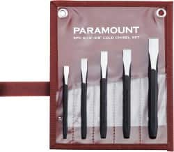 Paramount - 5 Piece Cold Chisel Set - 5-1/8, 5-3/8, 5-9/16, 6 & 6-3/4" OAL, Sizes Included 5/16 to 5/8" - Americas Industrial Supply