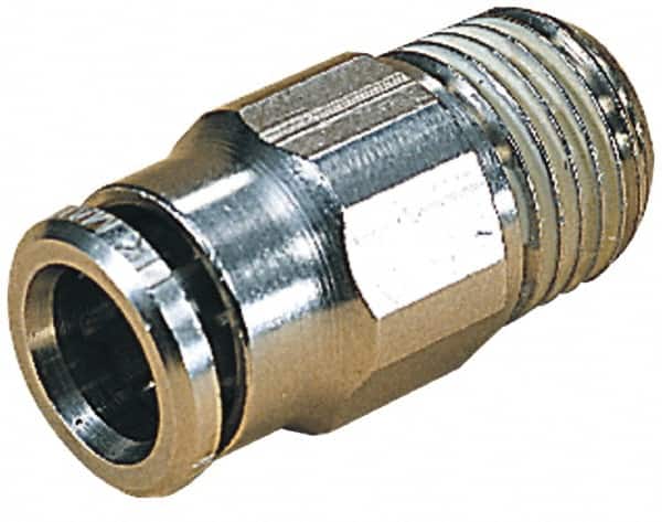 Norgren - 10mm Outside Diam, 1/2 NPTF, Nickel Plated Brass Push-to-Connect Tube Male Connector - 260 Max psi, Tube to Male NPT Connection, Nitrile O-Ring - Americas Industrial Supply