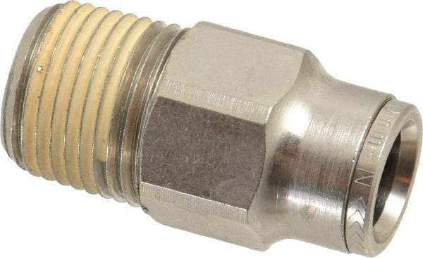Norgren - 10mm Outside Diam, 3/8 NPTF, Nickel Plated Brass Push-to-Connect Tube Male Connector - 260 Max psi, Tube to Male NPT Connection, Nitrile O-Ring - Americas Industrial Supply