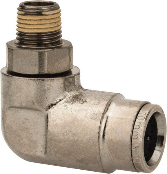 Norgren - 10mm Outside Diam, 1/8 BSPT, Nickel Plated Brass Push-to-Connect Tube Male Swivel Elbow - 260 Max psi, Tube to Male BSPT Connection, Nitrile O-Ring - Americas Industrial Supply