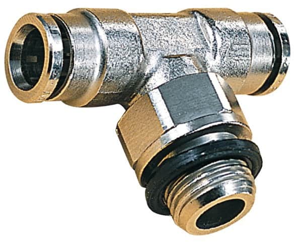 Norgren - 8mm Outside Diam, 1/4 BSPP, Nickel Plated Brass Push-to-Connect Tube Male Swivel Branch Tee - 260 Max psi, Tube to Male BSPP Connection, Nitrile O-Ring - Americas Industrial Supply