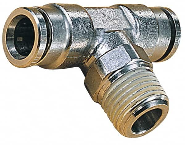 Norgren - 8mm Outside Diam, 1/8 BSPT, Nickel Plated Brass Push-to-Connect Tube Male Swivel Branch Tee - 260 Max psi, Tube to Male BSPT Connection, Nitrile O-Ring - Americas Industrial Supply