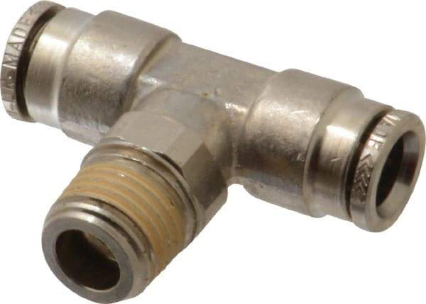 Norgren - 8mm Outside Diam, 1/4 BSPT, Nickel Plated Brass Push-to-Connect Tube Male Swivel Branch Tee - 260 Max psi, Tube to Male BSPT Connection, Nitrile O-Ring - Americas Industrial Supply