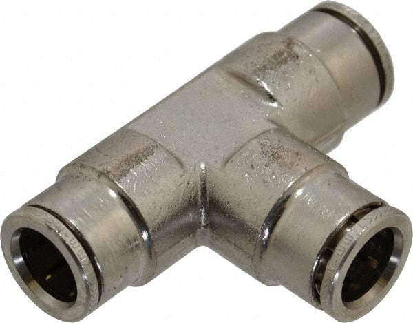 Norgren - 12mm Outside Diam, Nickel Plated Brass Push-to-Connect Tube Union Tee - 260 Max psi, Tube to Tube Connection, Nitrile O-Ring - Americas Industrial Supply