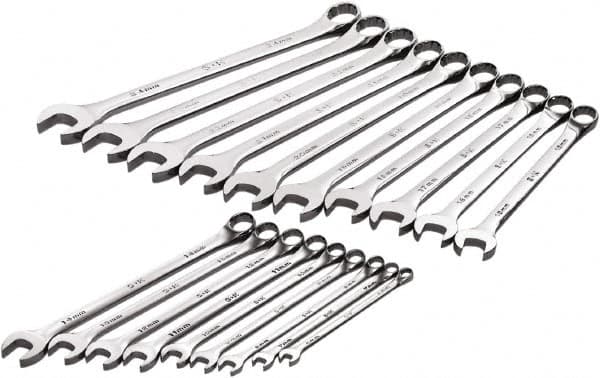 SK - 19 Piece, 6mm to 24mm, 12 Point Combination Wrench Set - Metric Measurement Standard, Full Polish Chrome Finish, Comes in Roll-Up Pouch - Americas Industrial Supply