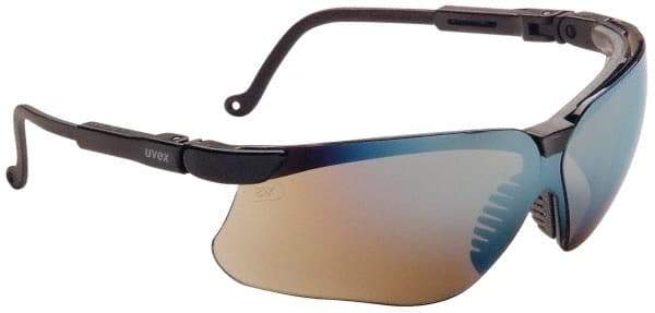 Uvex - Gold Mirror Lenses, Framed Safety Glasses - Scratch Resistant, Black Polycarbonate Frame, Adjustable Temples, Size Universal, Wrap Around - Americas Industrial Supply